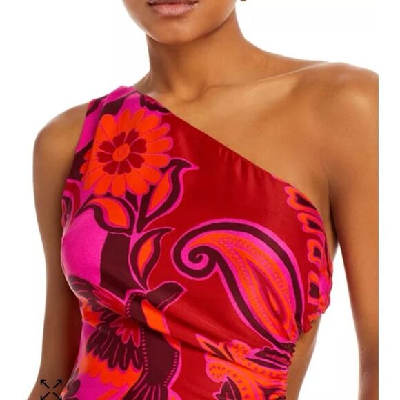 NEW FARM Rio Bold Floral Pink Midi Dress One Shoulder Cut-Out Beaded Ties Size L - Picture 3 of 16